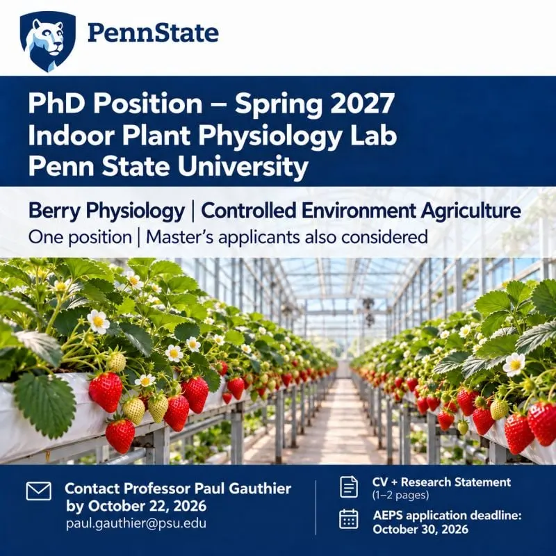 Position advertisement for a graduate student opening with an image of a strawberry greenhouse in the middle.